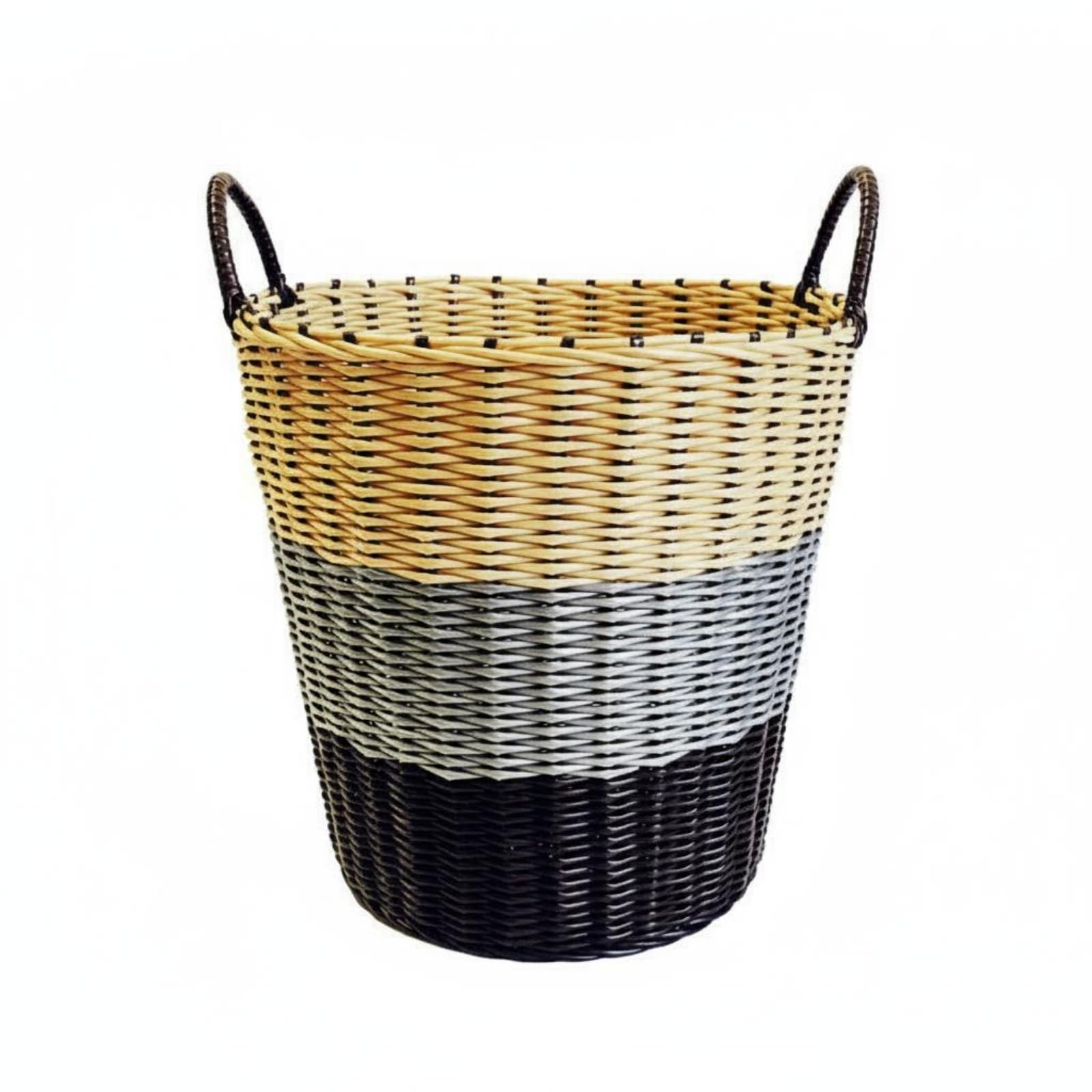 Open Top Woven Laundry Basket Arched Handles Wicker-Design Hamper Tapered Tall Storage Basket Airy Weave for Bedroom, Gray Beige, 28CM-image-38