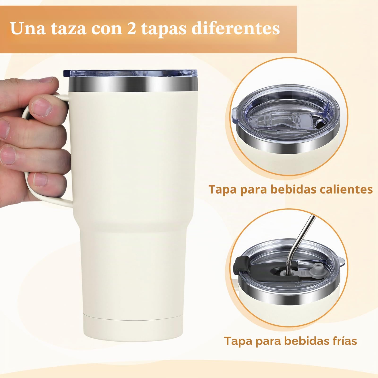 Livole Taza de viaje de 20 onzas con asa, vaso aislado de 600 ml con popote y 2 tapas, botella de agua al vacío de doble pared, tazas de café térmicas de viaje de acero inoxidable para bebidas frías,