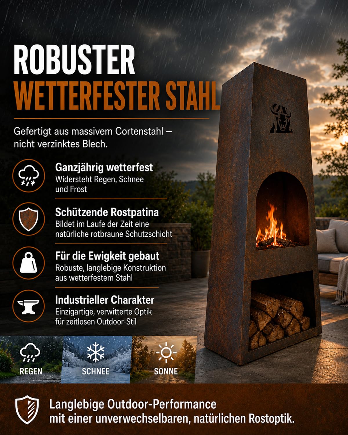 Komplett montierter Gartenkamin, Cortenstahl-Terrassenofen