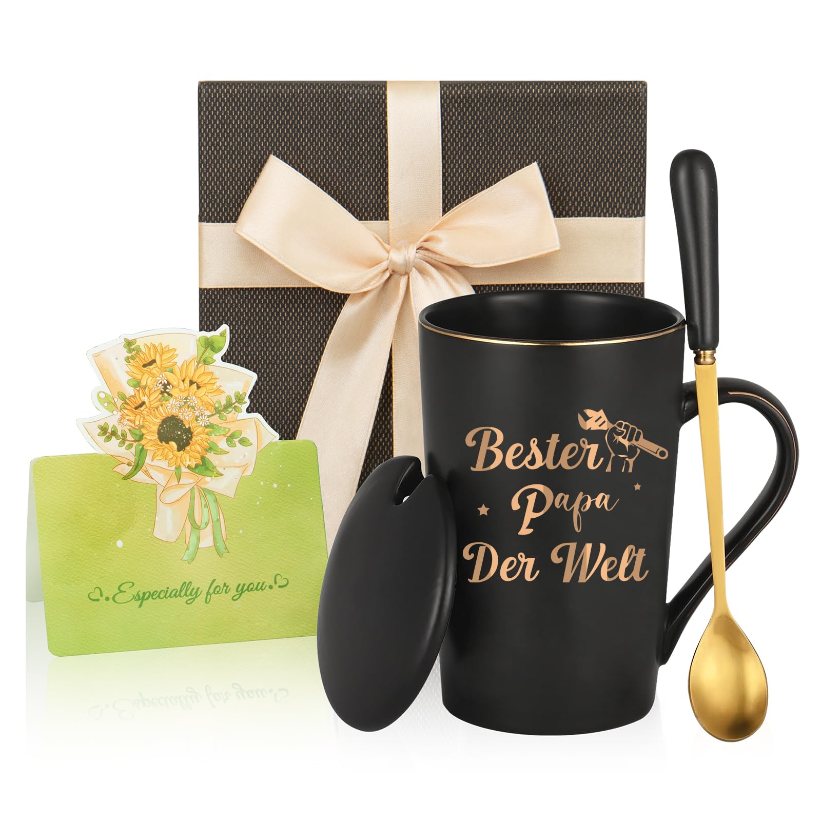 Papa Tasse mit Spruch Bester Papa der Welt, Kaffeebecher für Vatertag Weihnachten Geburtstag Geschenke, 400ML Keramik Marmorbecher mit Deckel, Löffel und Geschenkbox Schwarz