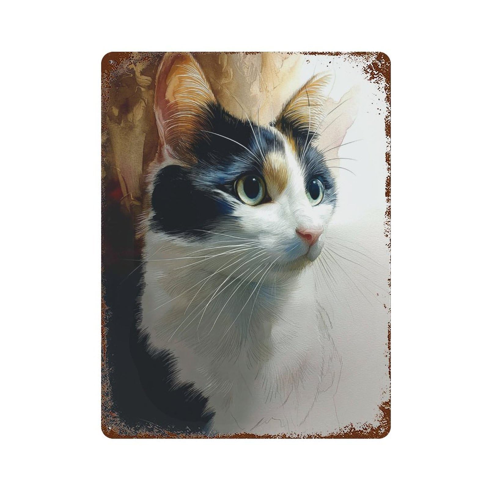 Rustic Tin Plaque with Adorable Calico Cat Portrait Design 15.7"x11.8", for Pub, Kitchen And Man Cave Decor, Old School Wall Decor