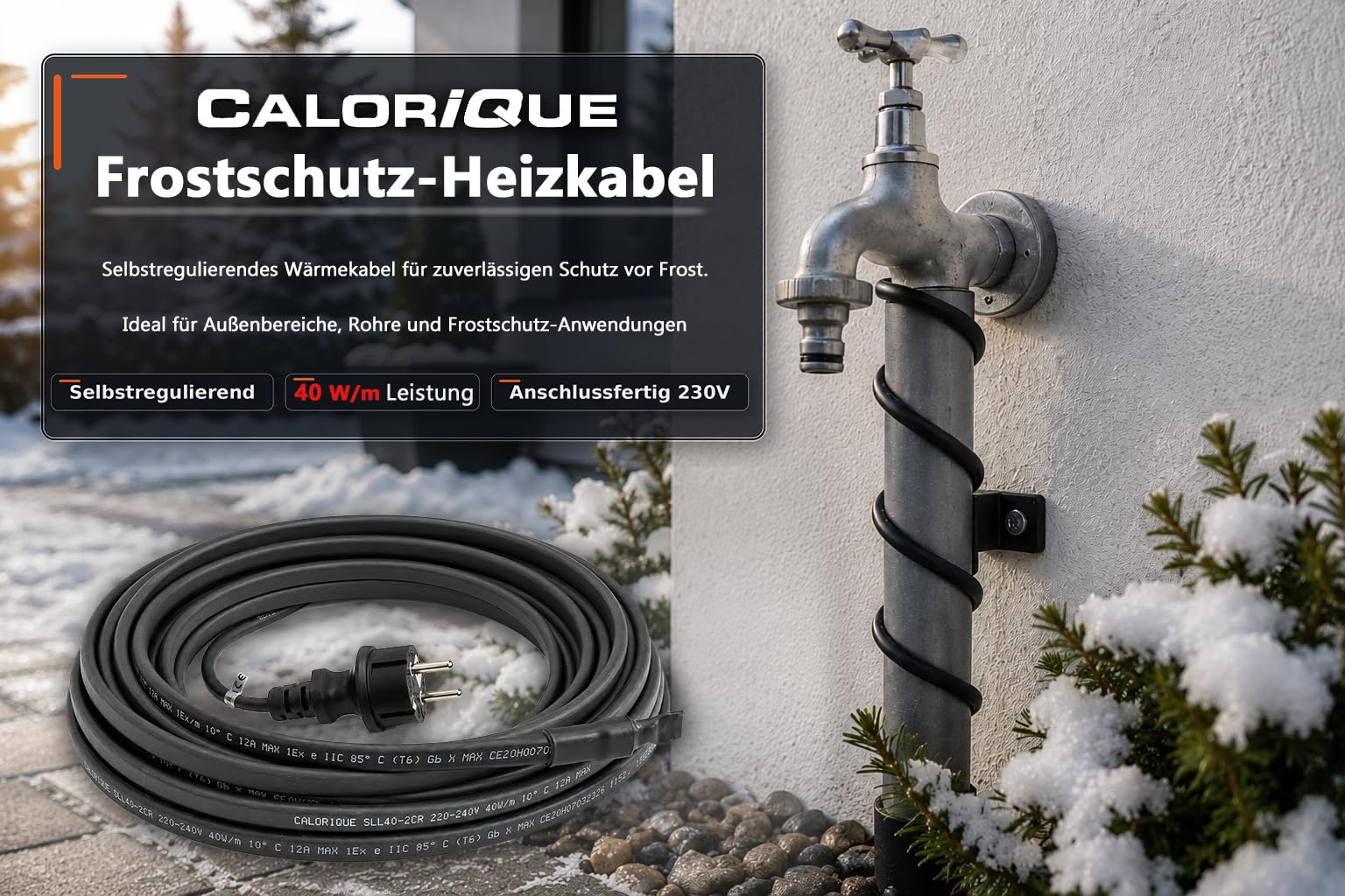 Cable calefactor Calorique SLL 40 W/m – 5 m – Para proteger canalones y exteriores contra daños por heladas – Calefacción auxiliar – Funcionamiento sin heladas de módulos fotovoltaicos