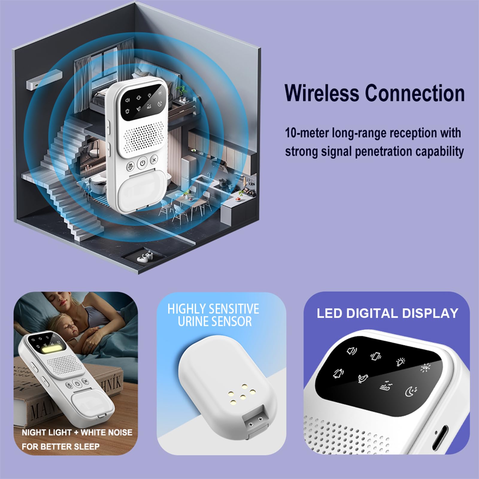 2026 New Wireless Bed Wetting Alarm for Boys & Adults – Moisture Sensor with White Noise Sleep Aid, Rechargeable, Vibration/Sound Alert, Night Light, USB-C – Enuresis Alarm for Bed Wetting Training — view 5