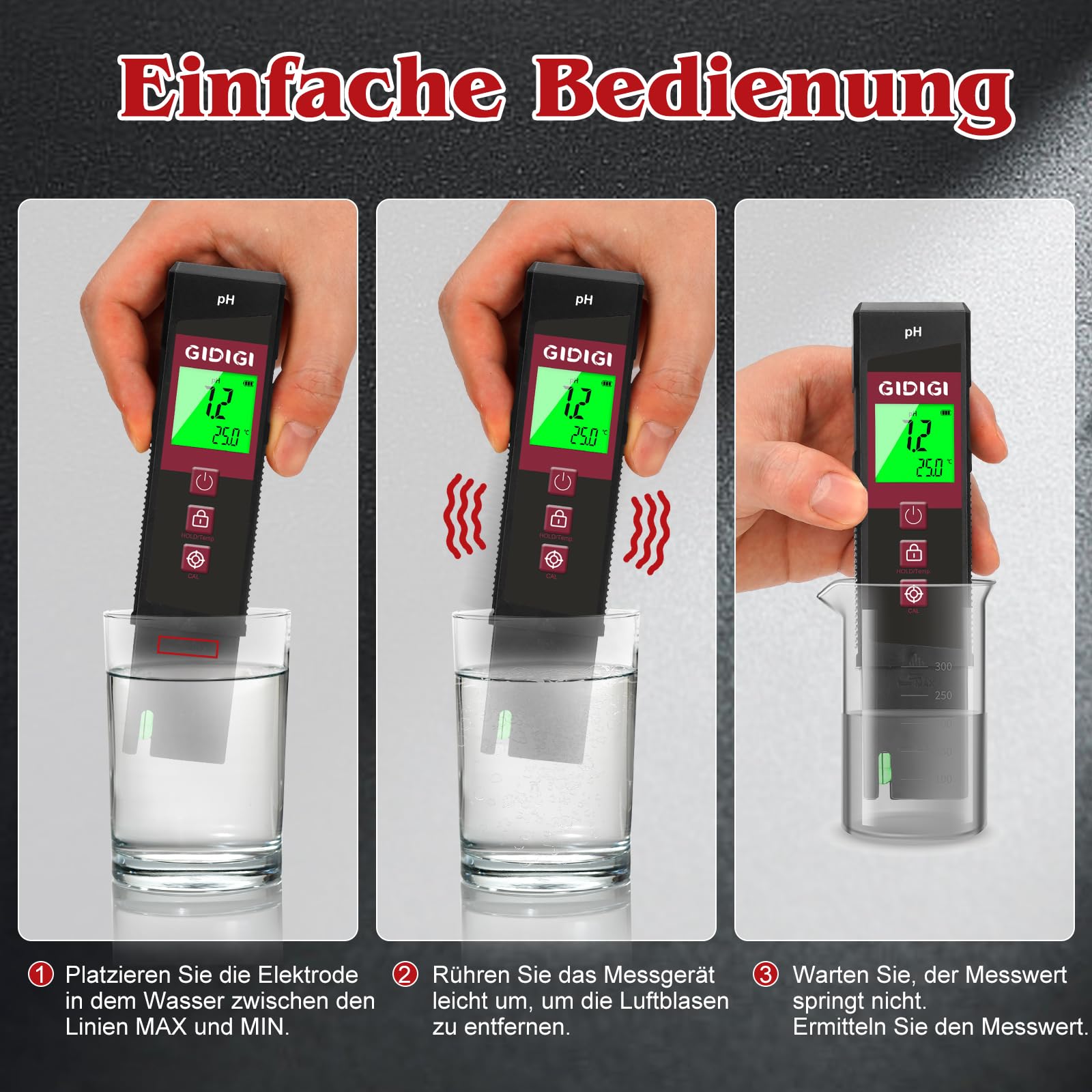 Digitales pH Messgerät für Wasser mit LED, pH-Tester mit Farb-LED-Bildschirm, ATC, für Pool, Hydrokultur, Spa, Aquarium, Trinkwasser