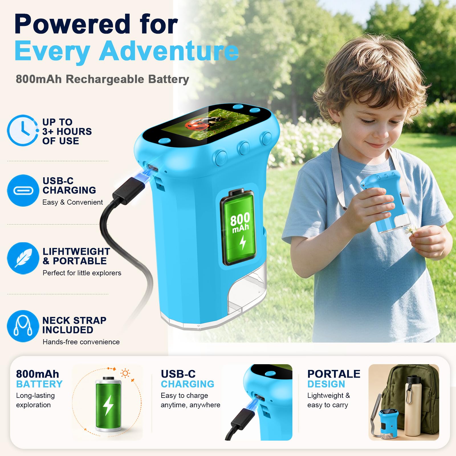 Microscopio digitale portatile 1000X per bambini, microscopio tascabile con schermo HD, per giardino, foresta ed esperimenti, regalo di compleanno per ragazze e ragazzi dai 3 anni in su, blu