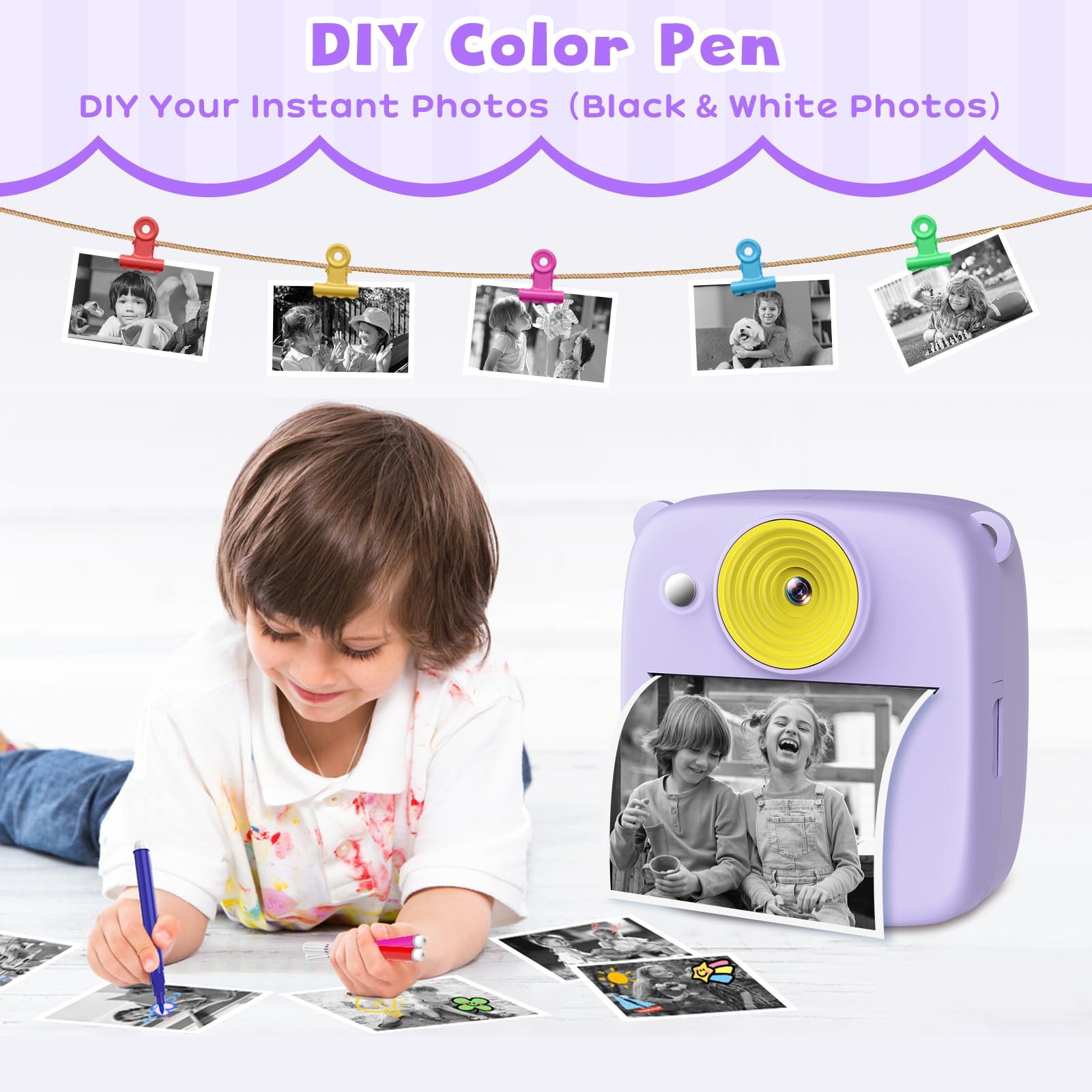 Gofunly Appareil Photo Instantané Enfant, 2.0 Pouces Appareils Photos Numériques Enfants avec Carte 32GB & Papier Photo, HD 1080P Camera Enfant, Noël Anniversaire Cadeau pour Filles Garçons 3-8 Ans