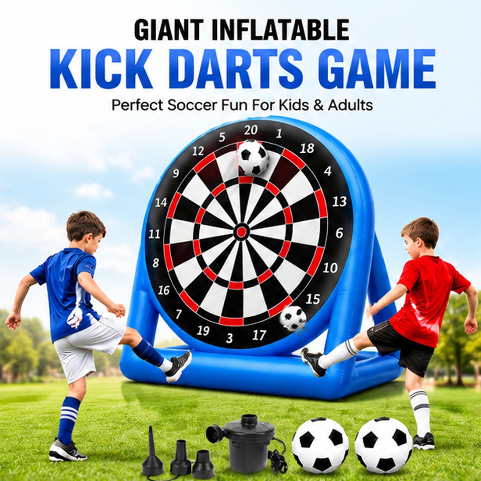 Tablero inflable gigante de dardos de fútbol con bomba de aire, fácil de inflar, incluye 2 pelotas de fútbol, perfecto para fiestas de césped al aire libre y juegos de carnaval