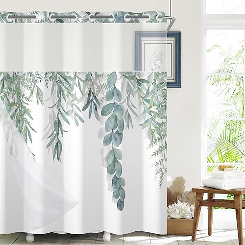Miniatura 2 de AWERT Cortina de ducha sin gancho con forro a presión, juego de cortina de ducha y forro de plantas verde salvia, doble capa, tela impermeable y