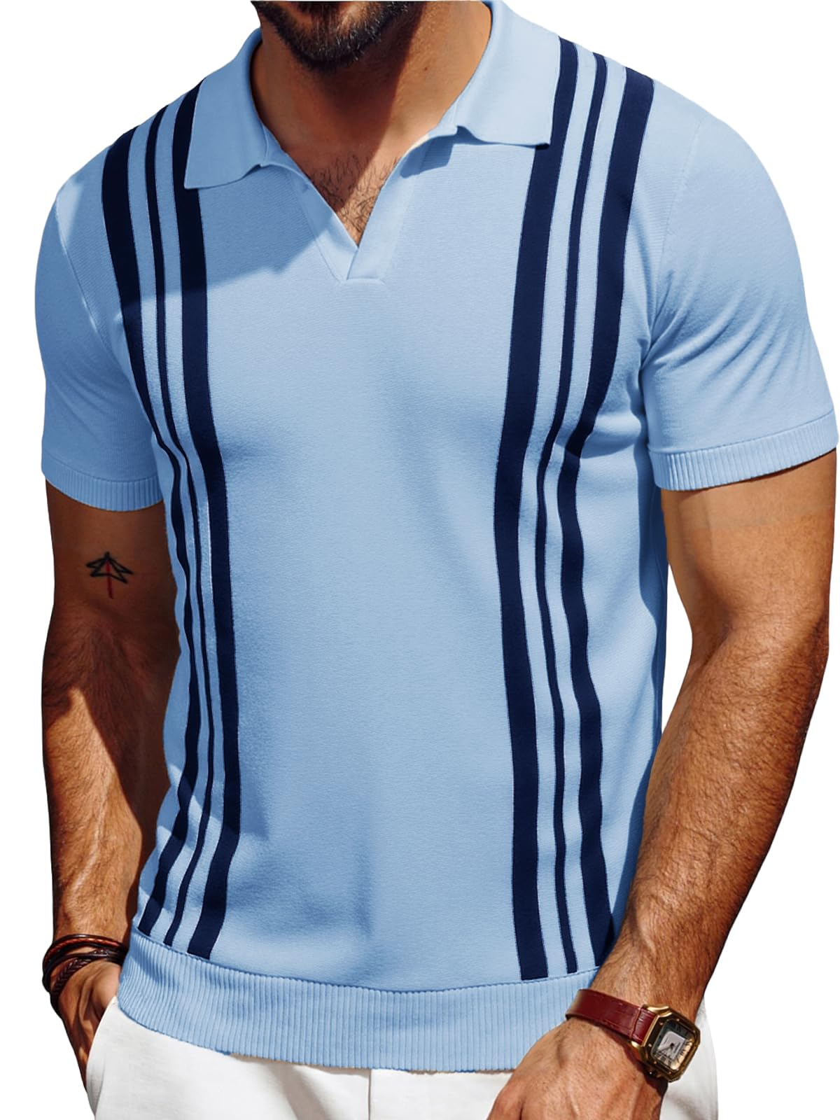 Les umes Strick Poloshirt V Ausschnitt Vintage | Kurzarm, Baumwolle, Atmungsaktiv, Streifen, Sommer, Freizeit