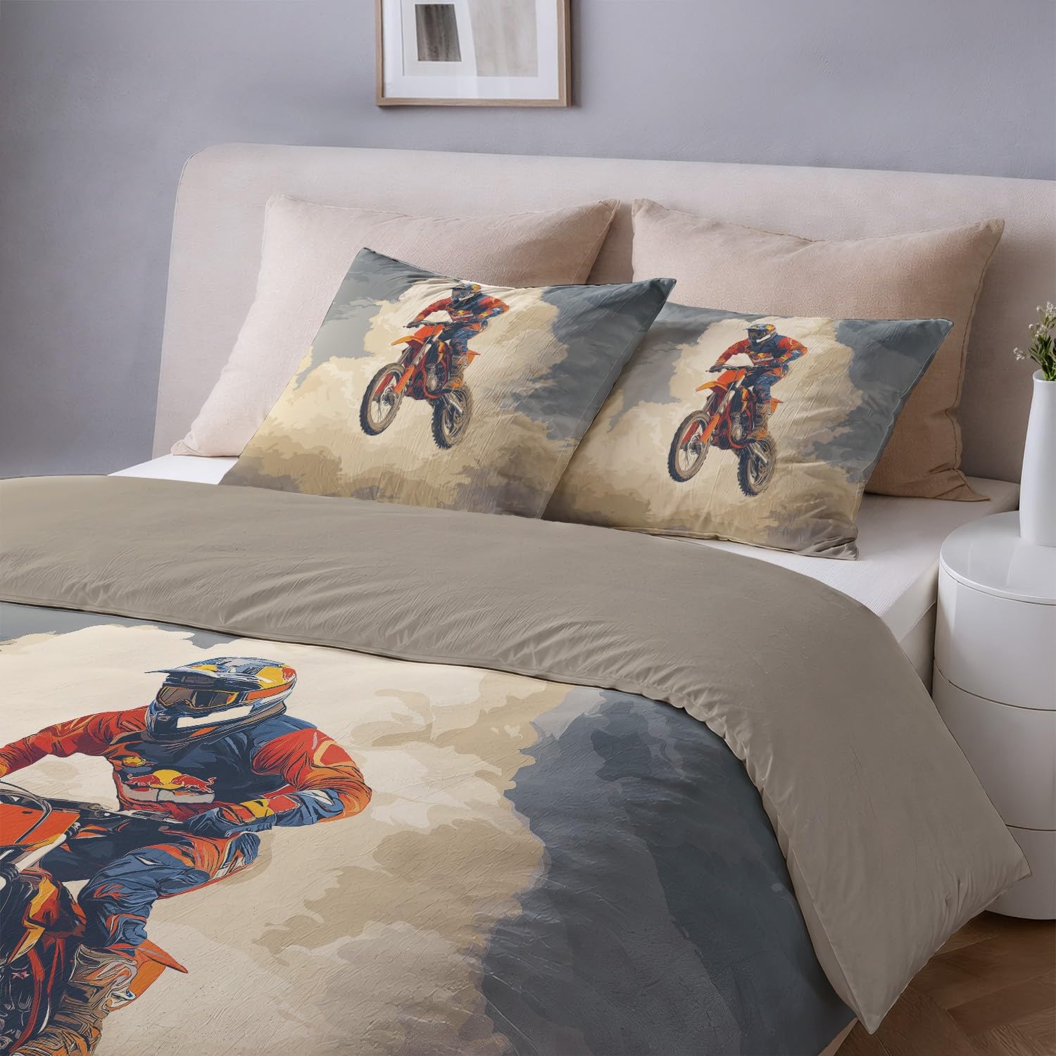 Beżowa Nowoczesna Mgła Motocyklowa Poszwa na kołdrę 180 x 220 cm, Anime Miękka mikrofibra Dwustronny zestaw pościeli z zamkiem błyskawicznym 3-częściowy z 2 poszewkami na poduszki