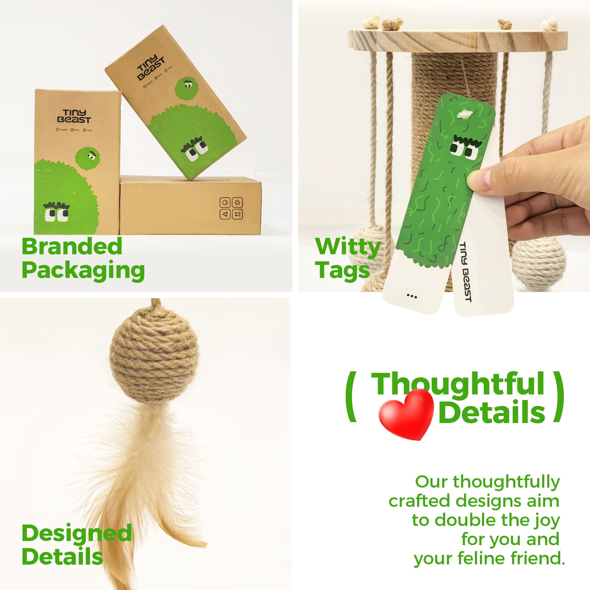 TINYBEAST Kratzbaum aus Holz, 4 in 1 Katzenkratzspielzeug mit Katzenballschienen, 63 cm hoher Sisal-Kratzbaum für Indoor-Kätzchen, erwachsene Katzen, interaktives Federspielzeug und 4 Sisal-Bälle zum