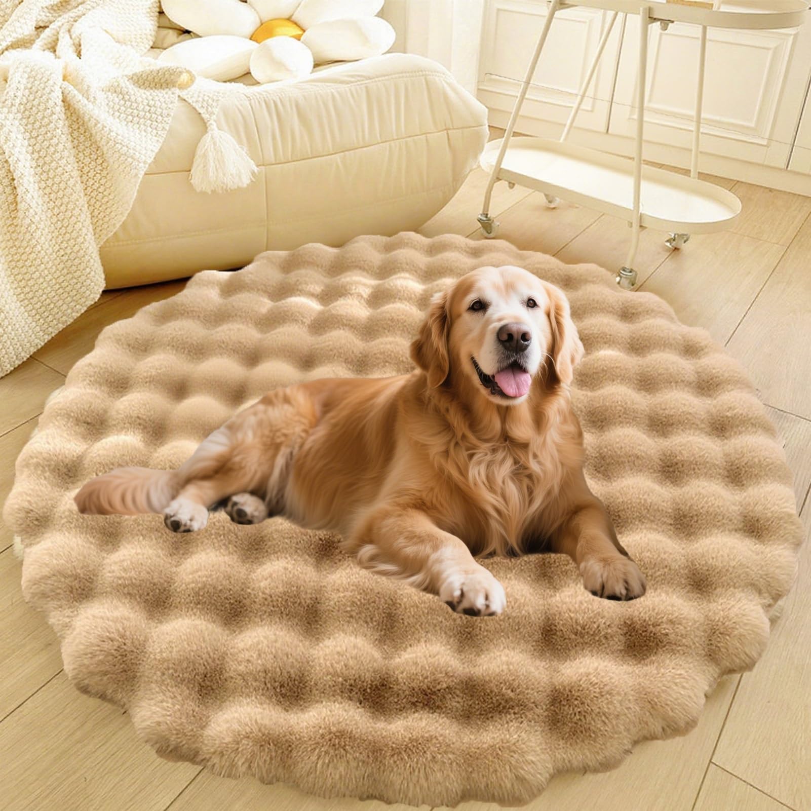 Divano per Cani E Gatti Con Fondo Antiscivolo, Tappeto Rotondo Lavabile, Moderno Letto A Pelo Lungo Da Posizionare Accanto Al Pavimento, Tappetino per Soggiorno(Brown,43in)