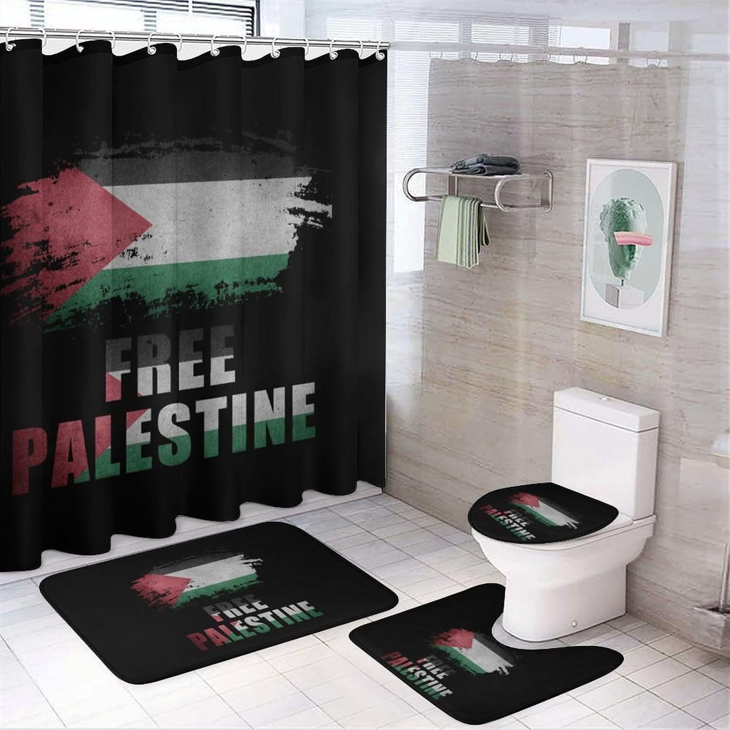 Free Palestine Palestinian Flag Bathroom Sets with Shower Curtain and Rugs 4 Piece with U-Shaped Floor Mat Toilet Lid Cover