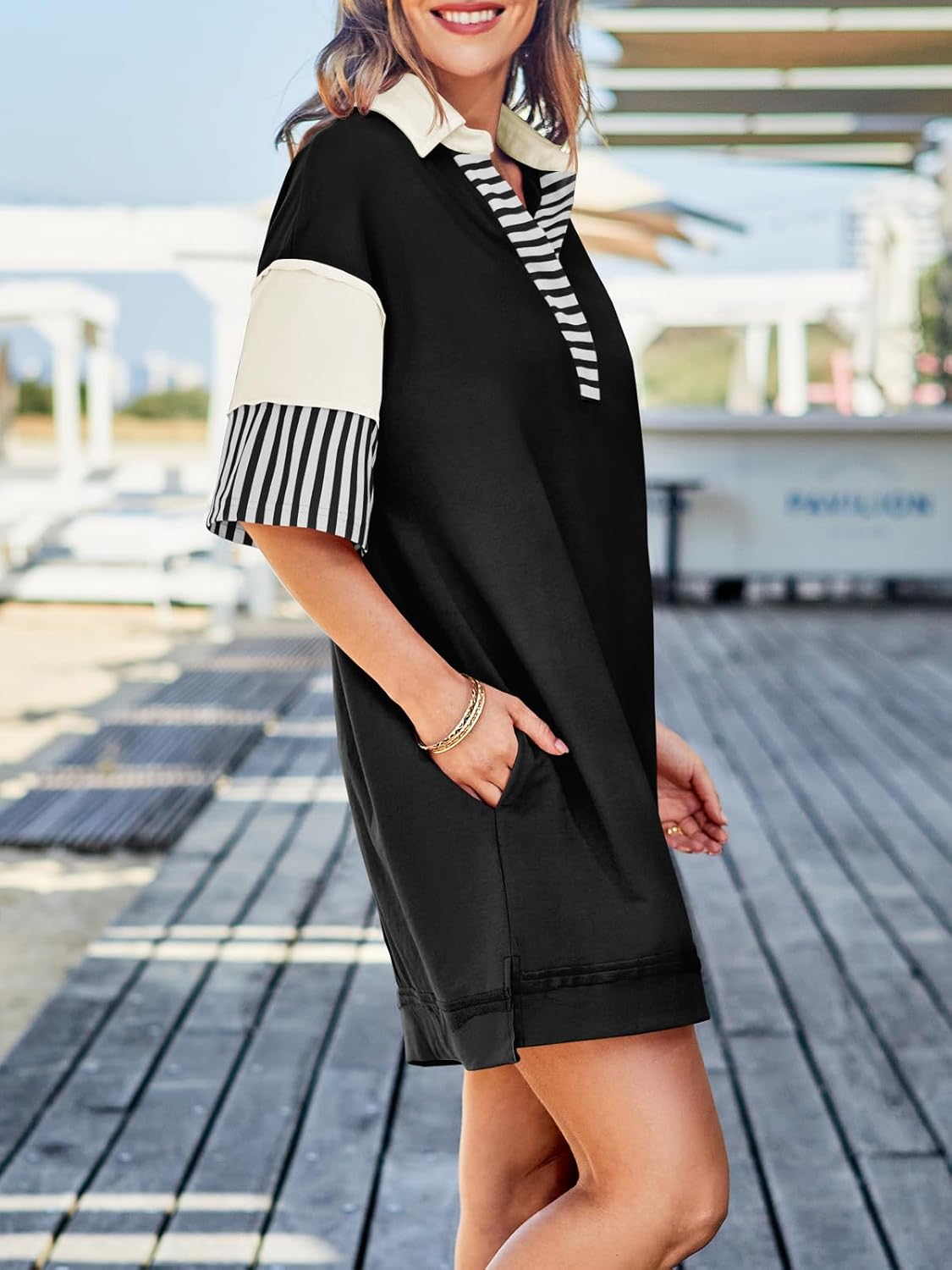 Wenrine Women's Polo V Neck T Shirt Dress Casual Summer Oversized Color Block Short Sleeve Sweatshirt Mini Dresses - Image 3