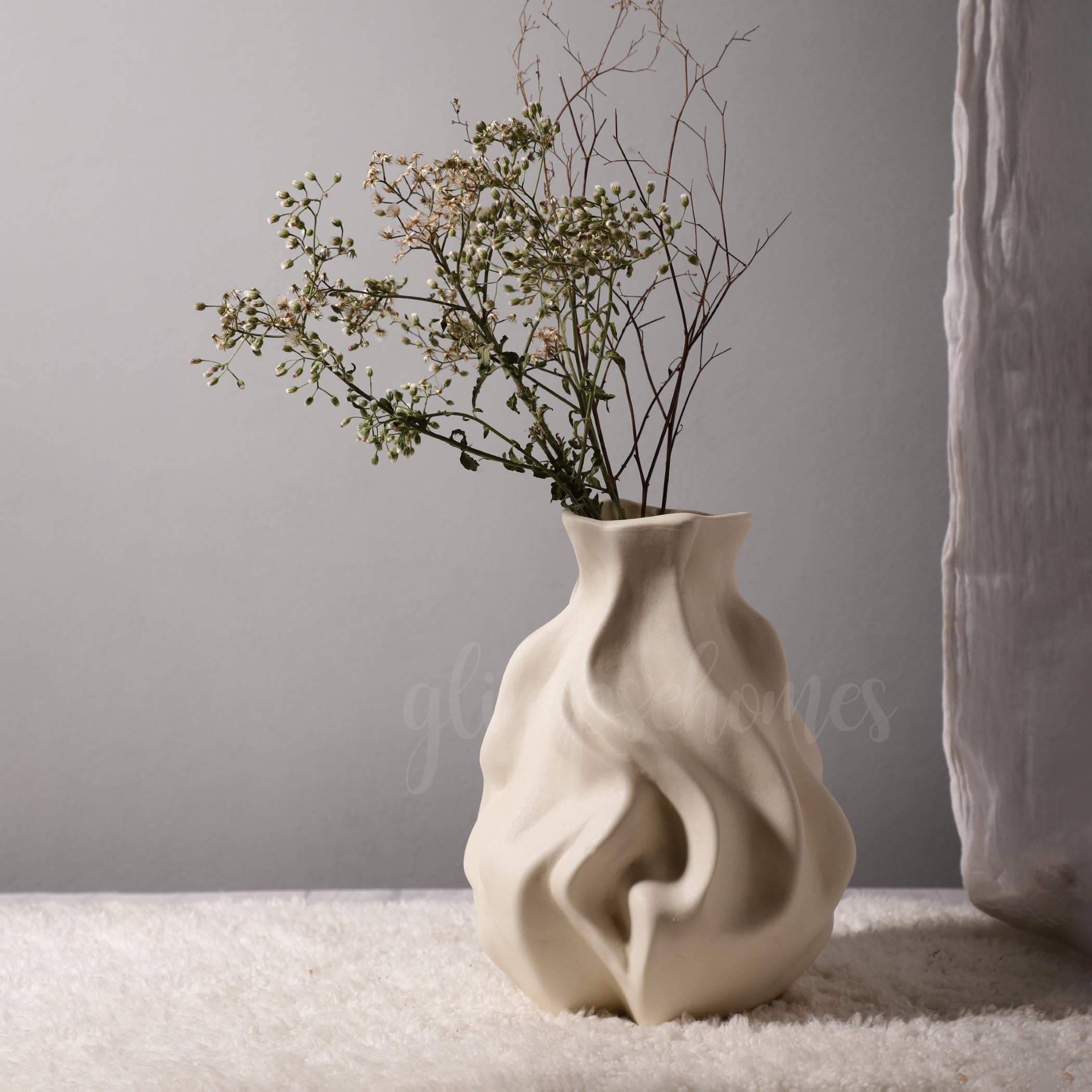 Glimpse Homes Ceramic Whispering Waves Vase | 9 inch | Off-White Matte | Fashion Decor