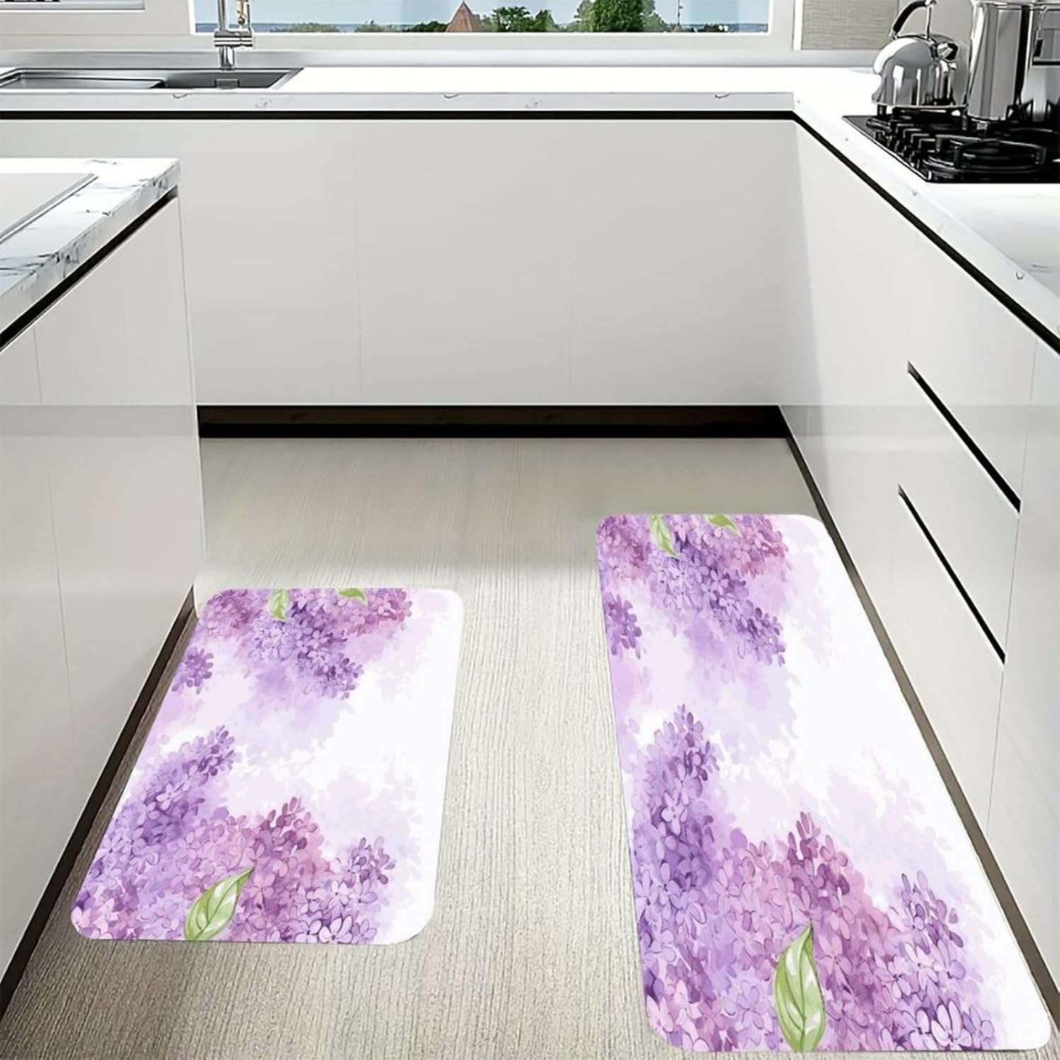 Framing Lilac Flowers in Blossom Kitchen Mats with 2PCS Non-Slip Washable,Kitchen Rug Heavy Duty Durable, Floor Mats for Kitchen,Office,Sink,Laundry