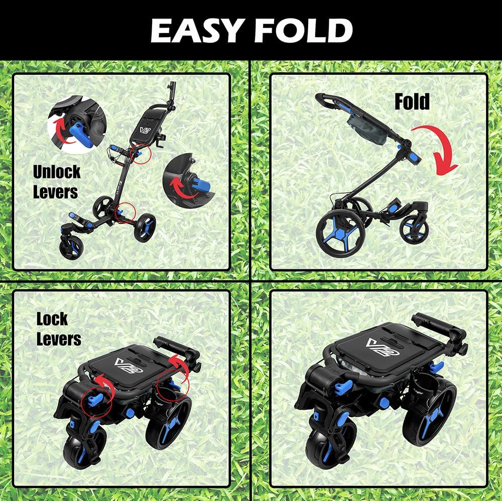 Diagram showing the easy one-step folding and unfolding process of the Axglo V2 Golf Cart.