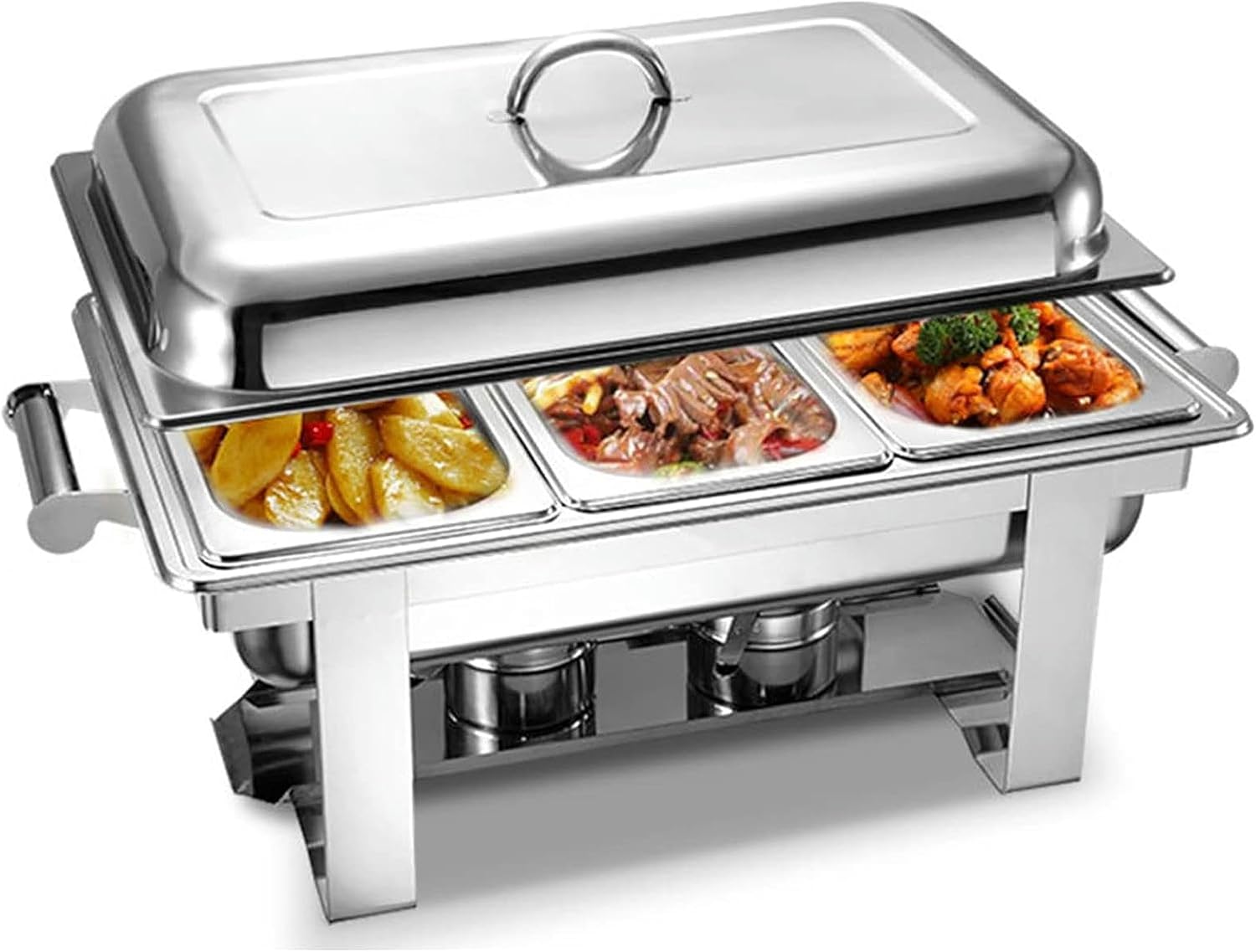 Buffet Stove - Food Insulated Buffet, Round Food Insulated Plate, Hot Pot Buffet Set, Stainless Steel Hot Plate Buffet Set with Glass Viewing Lid and Built-in L,Deepened Single Cell-13L (Three Basins