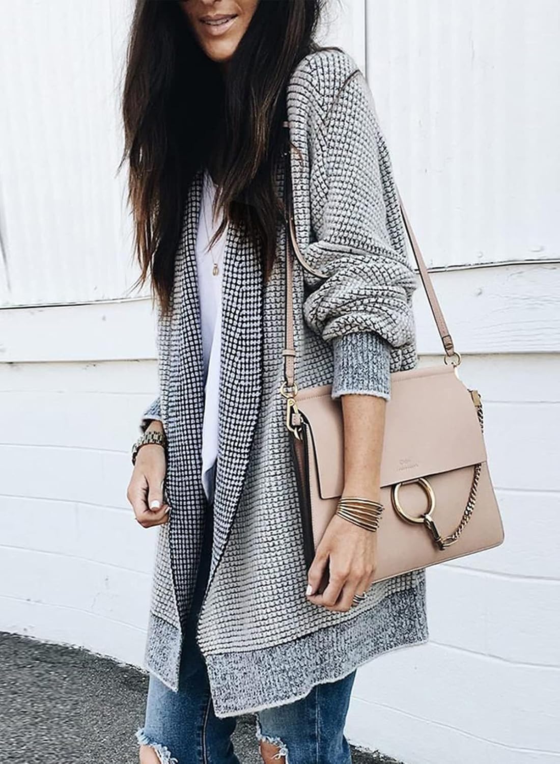 Sidefeel Womens 2025 Fall Outfits Long Sleeve Open Front Cardigan Sweaters Oversized Checkered Chunky Knit Sweaters Coat - Image 2