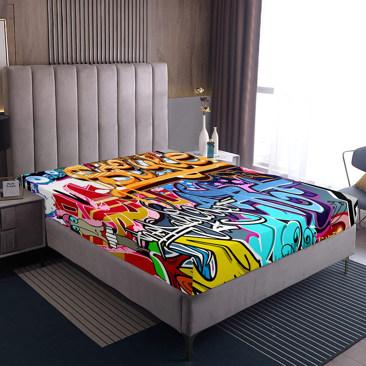 Loussiesd Hippie Graffiti Fitted Bed Sheets 100% Polyester Soft and Comfortable Sheets Machine Washable Breathable Fabric Single(90 x 190+30cm) Youth Only Bedsheet No Pillowcases — image 1