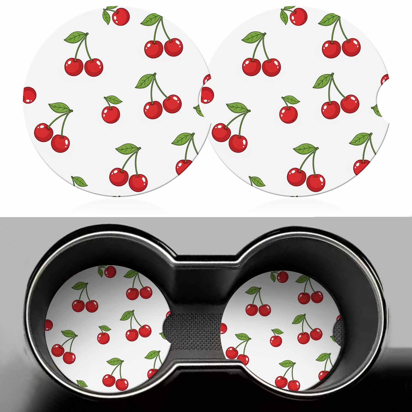 Red Cherry Podstawki samochodowe na uchwyty na kubki, owoce, tropikalne słodkie jagody, 2 sztuki, do samochodu, antypoślizgowa ceramiczna mata samochodowa z wycięciem na palec, urocze akcesoria do