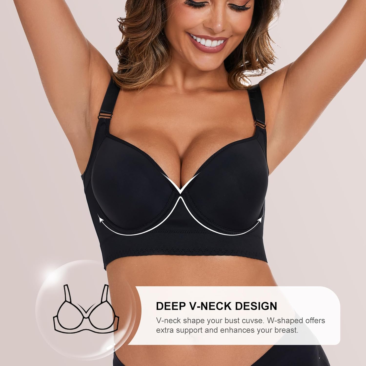 Push Up Bra for Women, Full Back Coverage Bras Deep Cup Hide Back Fat Smoothing Seamless Underwire T-Shirt Bras - Image 2