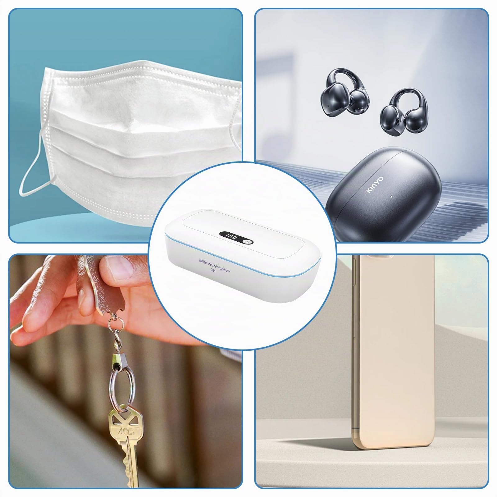Désinfectant UV pour téléphone portable en ABS : boîte de désinfection UV avec affichage numérique, alimenté par USB Nail Tools Stérilisateur avec 2 compte-gouttes pour téléphone portable
