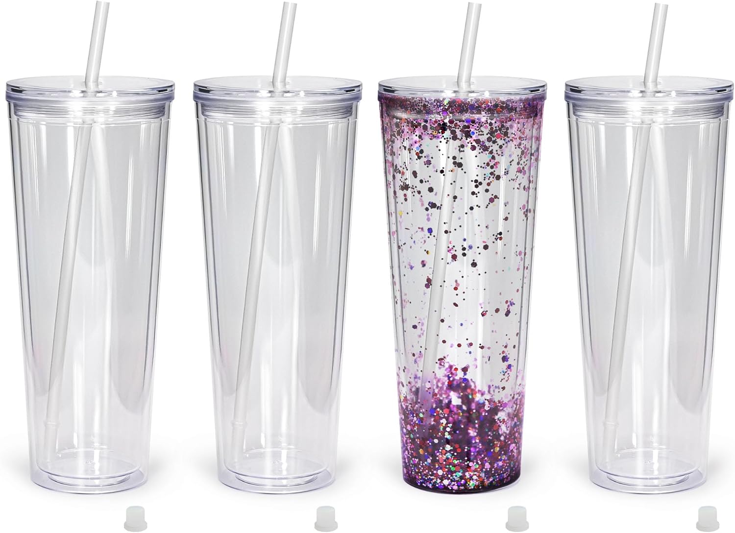 AGH Snowglobe Tumbler(4 Pack) - 24oz Double Wall Acrylic Cups with Lids and Straws, Plastic Snow Globe Cups Pre Drilled with Hole Plug for Snowglobe DIY