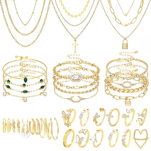 NEWITIN 49 Pieces Gold Jewelry Set for Women Fashion Costume Jewelry Gold Plated Necklace Bracelet Ring Earrings Set for Women