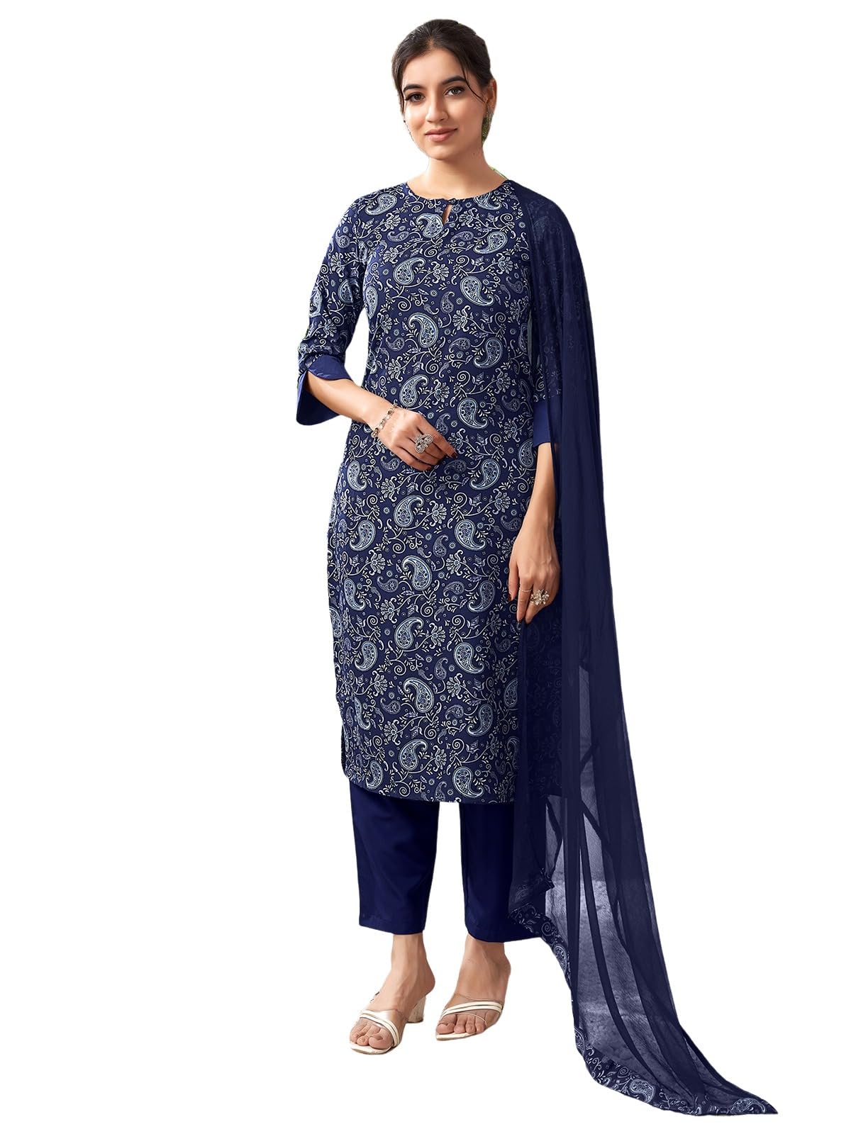 Sanisa Women's Crepe Printed Straight Kurta With Pant And Dupatta Set (204Kbd2165Nr-M_Navy Blue & Sky Blue & Grey)
