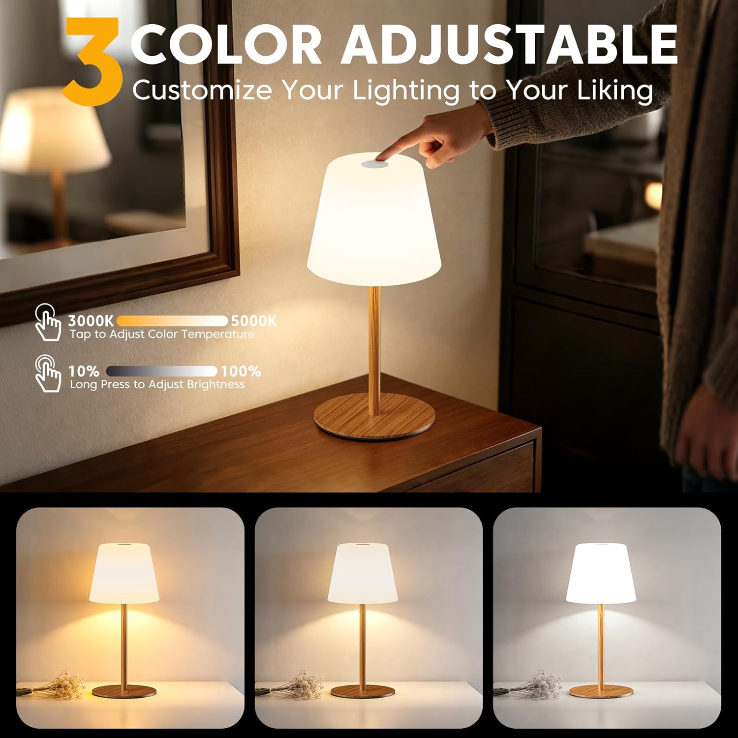 NEEZUKAR Cordless Table Lamp for Bedroom,Rechargeable IP65 Waterproof Shower Lamp with Battery Operated, Touch Dimmable LED Desk Light for Bathroom,Kitchen,Outdoor Patio (Wood Grain)