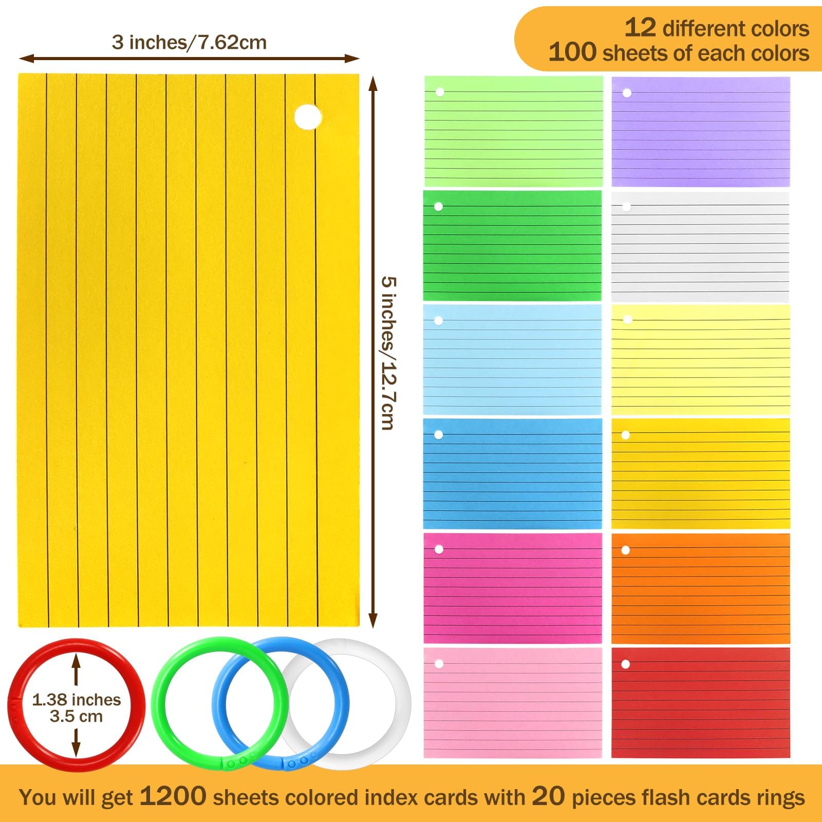 Tecmisse Tarjetas de índice coloridas a granel, 1200 hojas de tarjetas flash con anillos, tarjetas de índice rayadas de 3 x 5 pulgadas, tarjetas de estudio para suministros de aprendizaje y oficina,