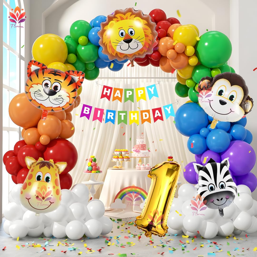 Floroom Jungle Safari Theme Birthday Decoration - 57 Pcs Animal Theme For 1st Birthday Decorations Boys Girls, Animal Foil Metallic Balloons for Decoration Items (HBD_Jungle Theme_1)