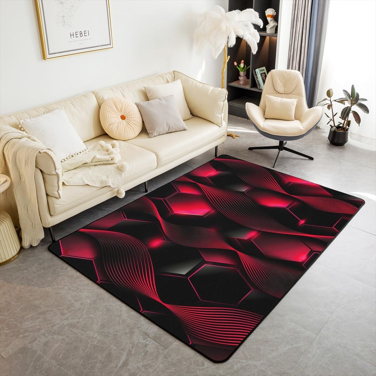 Erosebridal Neon Lights Geometric Area Rug 5x7,Stripes Honeycomb Carpet Non Slip,Ombre Gradient Decorative Washable Rug,Glowing Hexagonal Striped Scarlet Red and Black Indoor Floor Mat