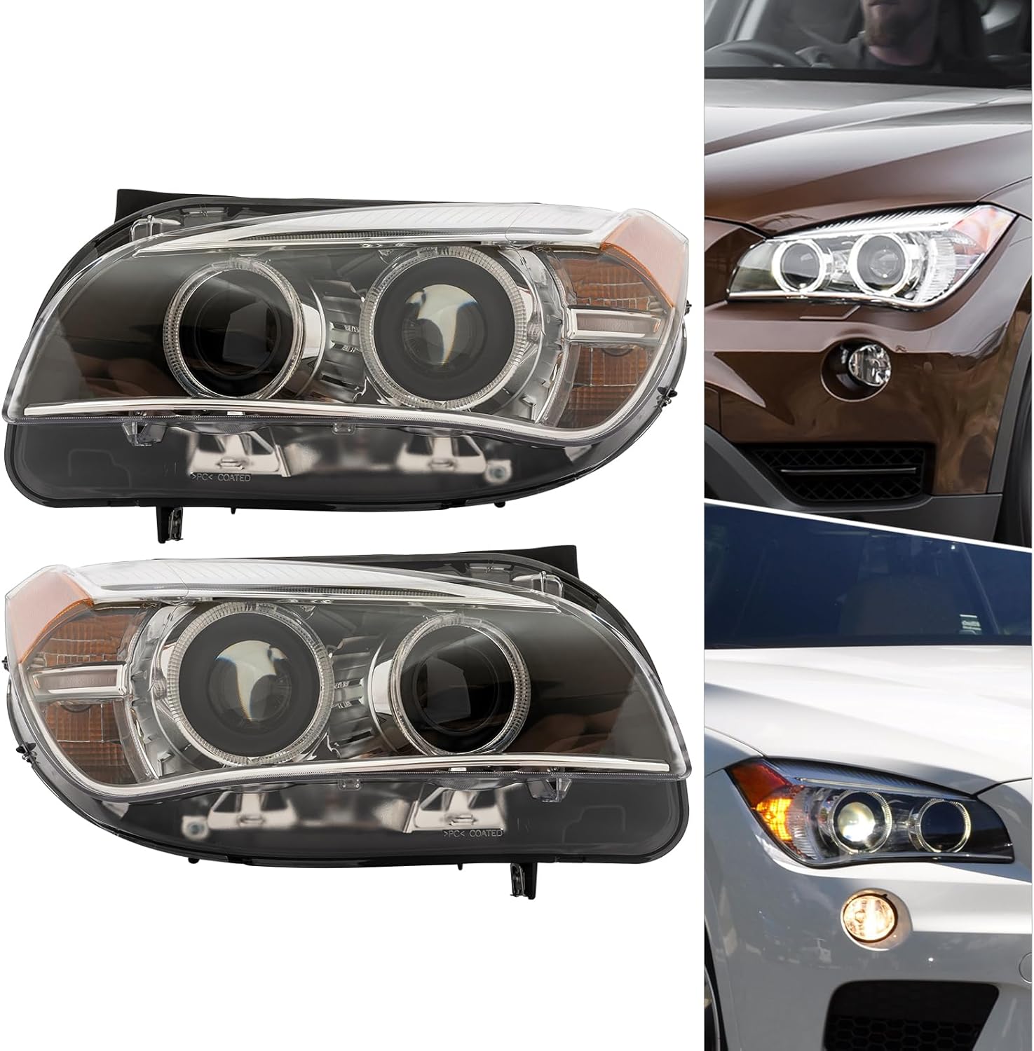 Front Xenon Halogen Headlight Left+Right Side for 2013-2015 BMW X1 Driver & Passenger Head Lights Lamp, E84 Chassis Direct Replacement Semi-Assembly w/LED Daytime Running Light (A Pair Headlights)