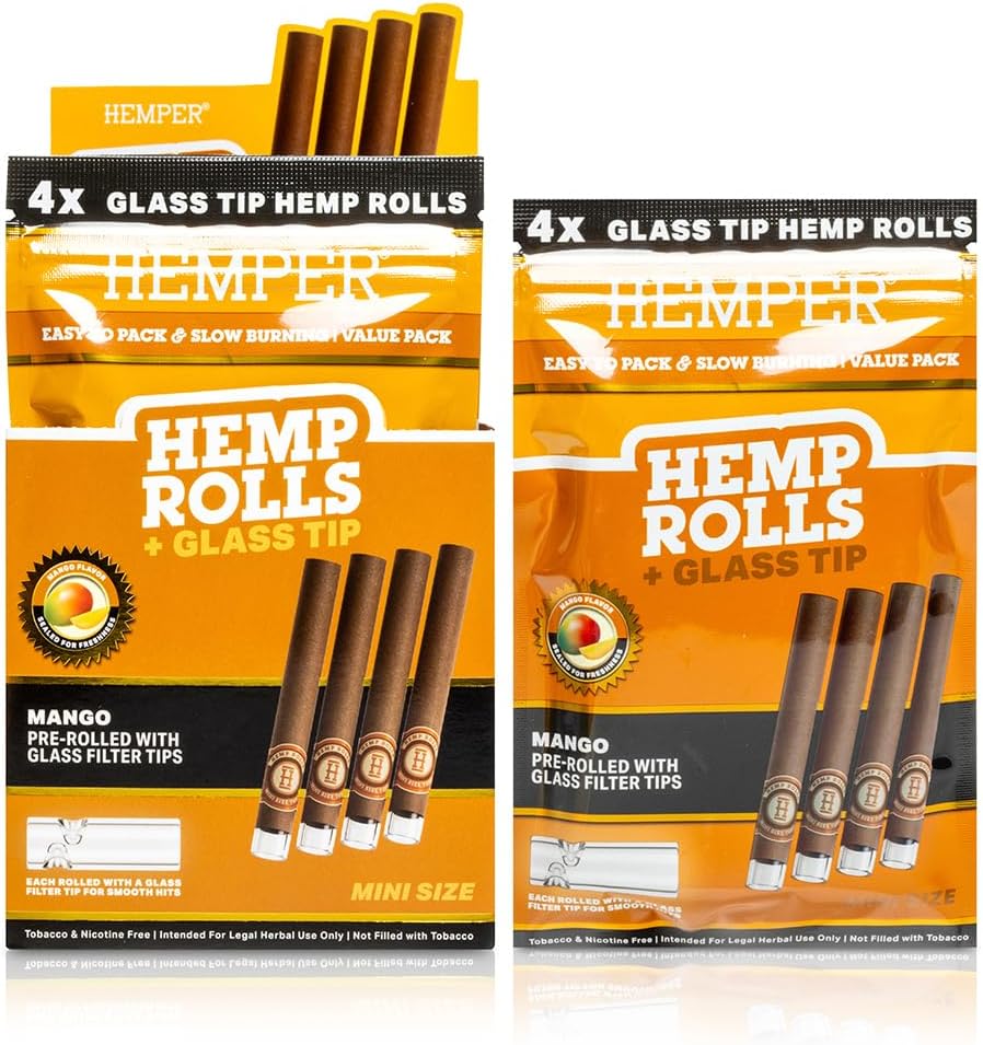 Hemper Pre-Rolled Mini Size Hemp Rolls with Reusable Glass Tips - 4PK | 12ct Display | Hand-Rolled, Natural Hemp Paper Rolls in Protective Case for Smooth, Clean Burn and Freshness - (Honey)