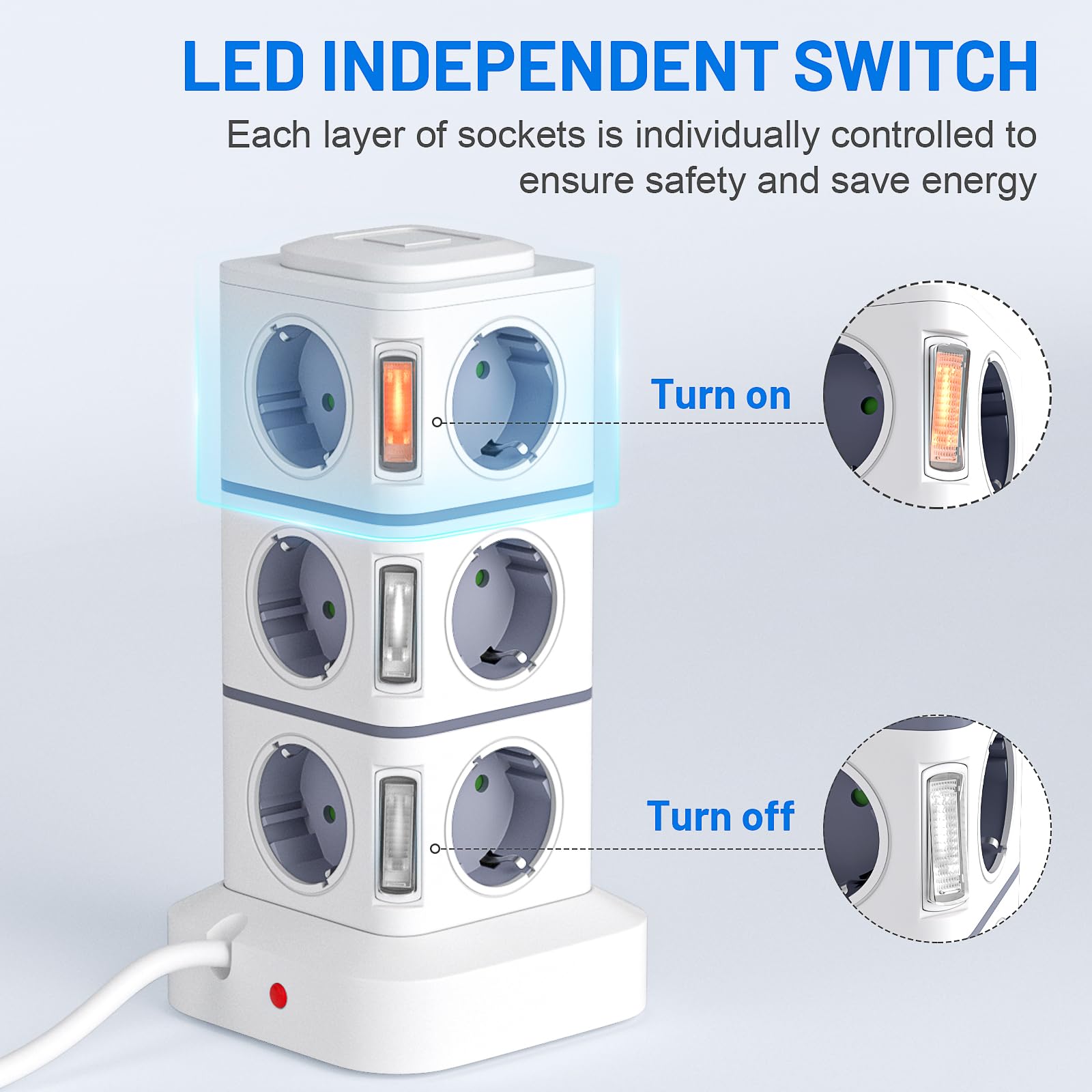 Power Strip Sockets 16 in 1 Vertical Power Strip Plugs with 12 Outlets and 2USB-A 2USB-A 2USB-C Tower Power Strips Sockets 2500W/10A Overload Protection 3 Meter Cable with Switch for Office Home — view 4