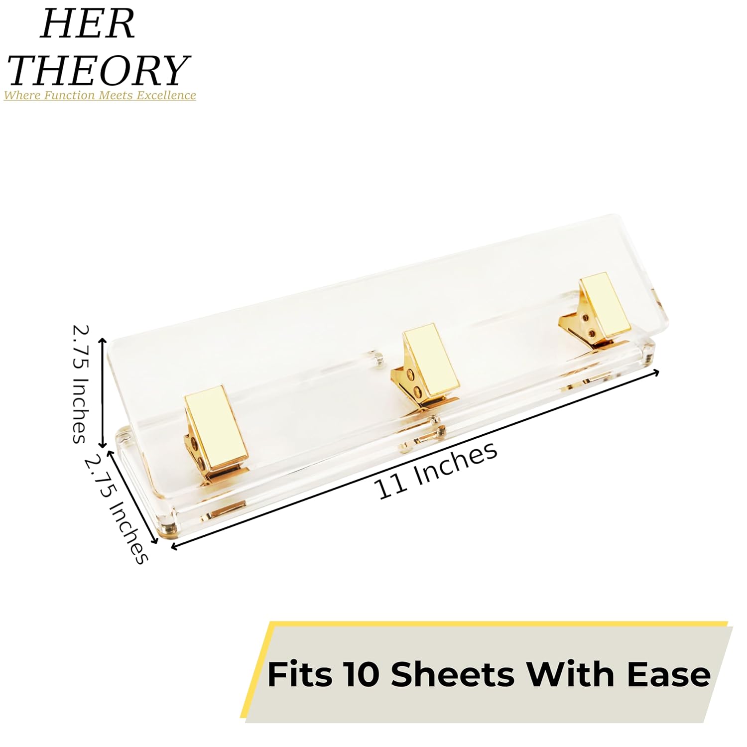 Gold & Acrylic 3-Hole Punch, Modern Design | Heavy Duty, 10 Paper Sheet Capacity, Great for Office, School, Desktop