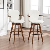 Vista 6 de LUNLING 30” Bar Height Stools,Mid Century Modern Bar Stool,White PU Leather Kitchen Island Stools,Wood High Barstools Swivel with Back and Arms for