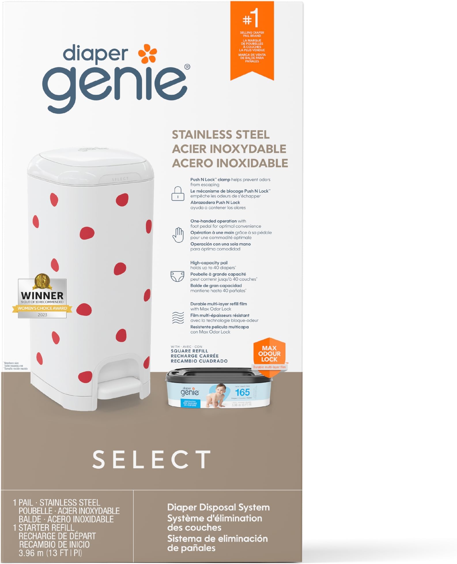 Diaper Genie Select Pail (Red Polka Dot) is Made of Durable Stainless Steel and Includes 1 Starter Square Refill That can Hold up to 165 Newborn-Sized Diapers.
