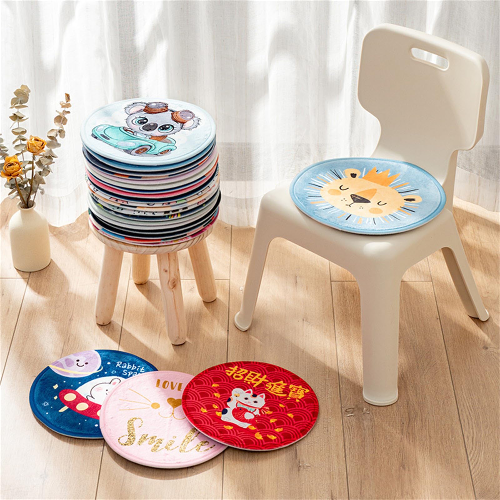 2er-Set Kinder Sitzkissen – Weich, Rund 30x30 Cm & Mit Süßen Tier-Motiven (z.B. Löwe)
