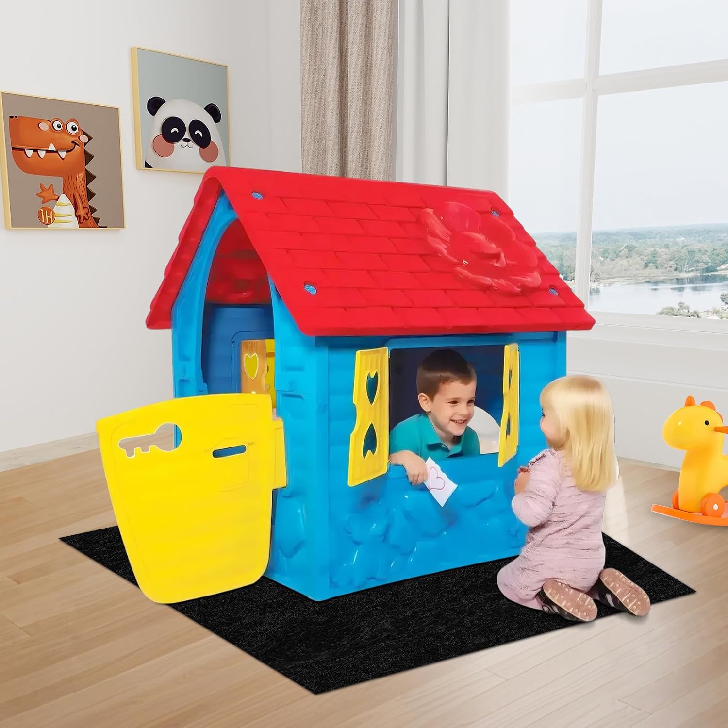 Outdoor Playhouse Mat 59'' x 59'' Portable Activity Rug with Non-Slip Backing Outside Game House Play Mat Playhouse Pad Rug for Outdoor Playground Flooring