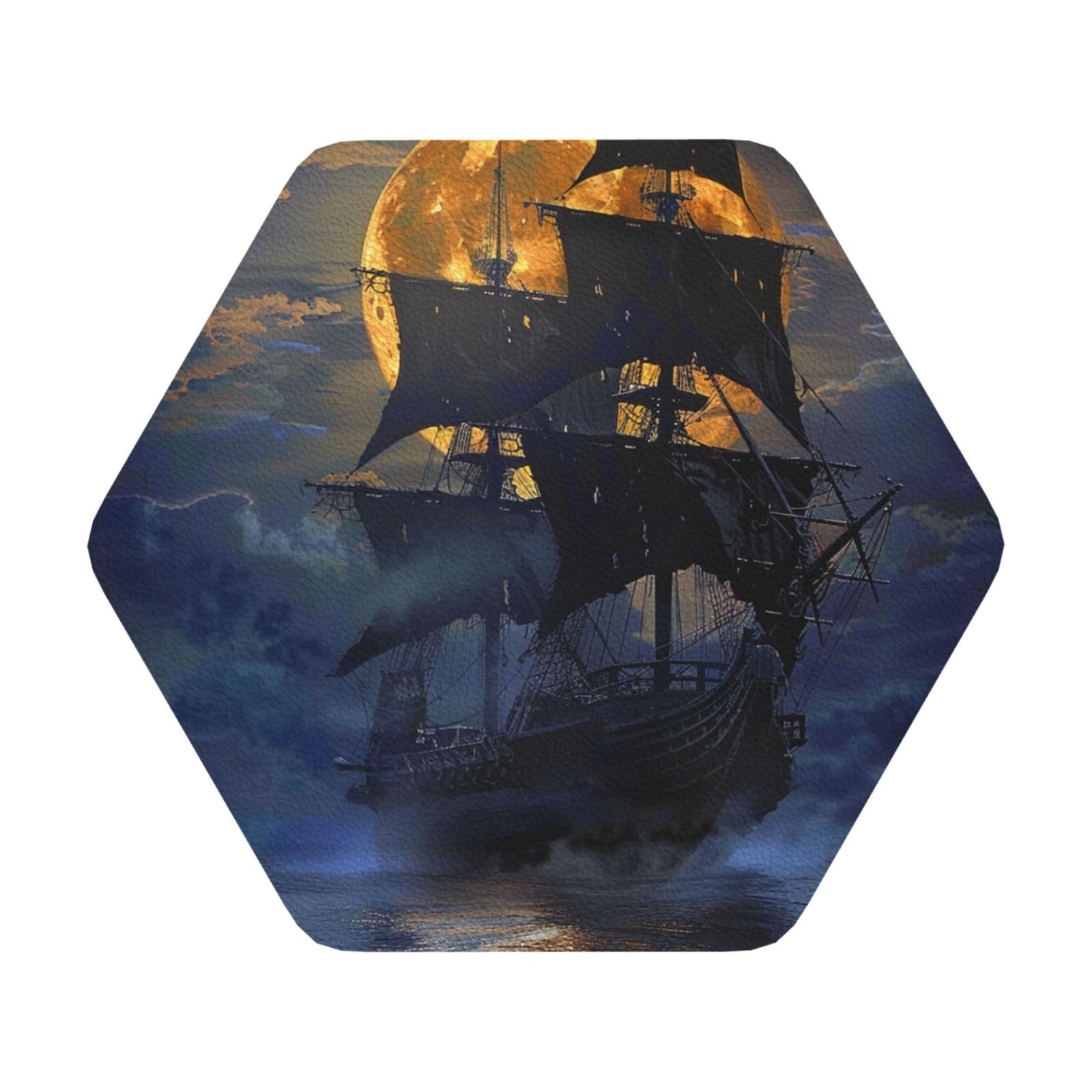 Pirate sailboat full moon Print Leather Coaster Set of 6, Hexagon Coasters Table Decorative Coffee Cup Beverage Coasters Wine Beer Bar Coasters for Hot Drinks Table Protection