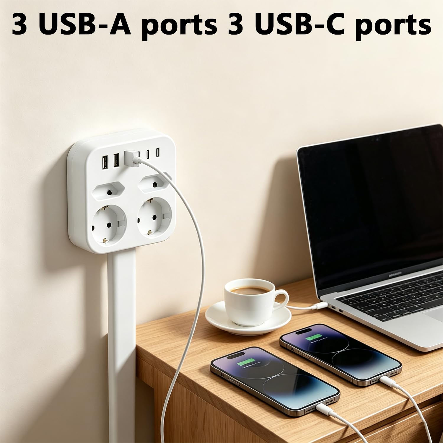 Ciabatta elettrica con USB, 4 prese espandibili, montaggio a parete, multipresa con 3 USB-A e 3 USB-C, girevole a 360°, cavo estensibile, presa da tavolo per casa, cucina, ufficio, piano del tavolo
