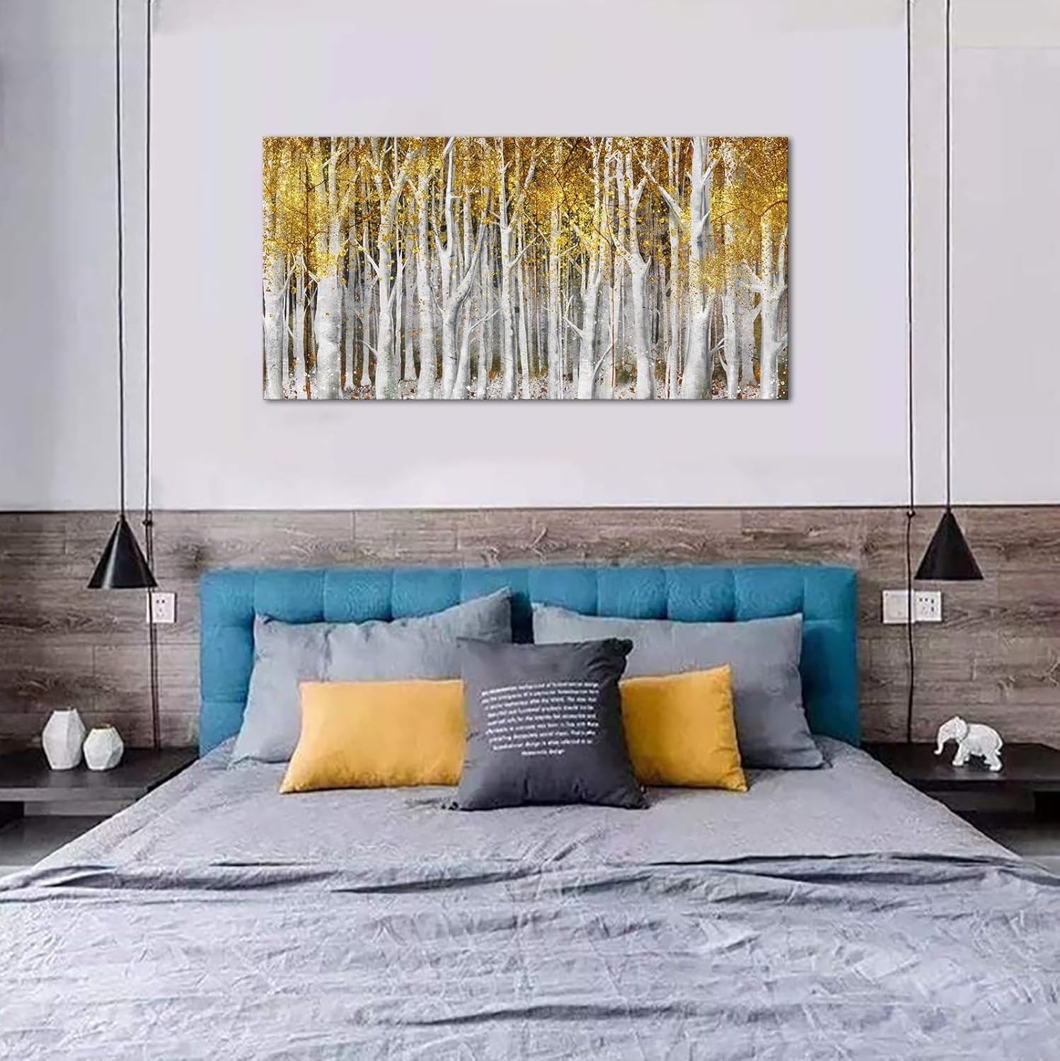 KLVOS Yellow Tree Forest Fall Wall Art for Living Room Golden Birch Landscape Picture Print on Canvas Modern Plants Framed Artwork Decoration for Home Bedroom Decor Ready to Hang 24x48 inch (Yellow)