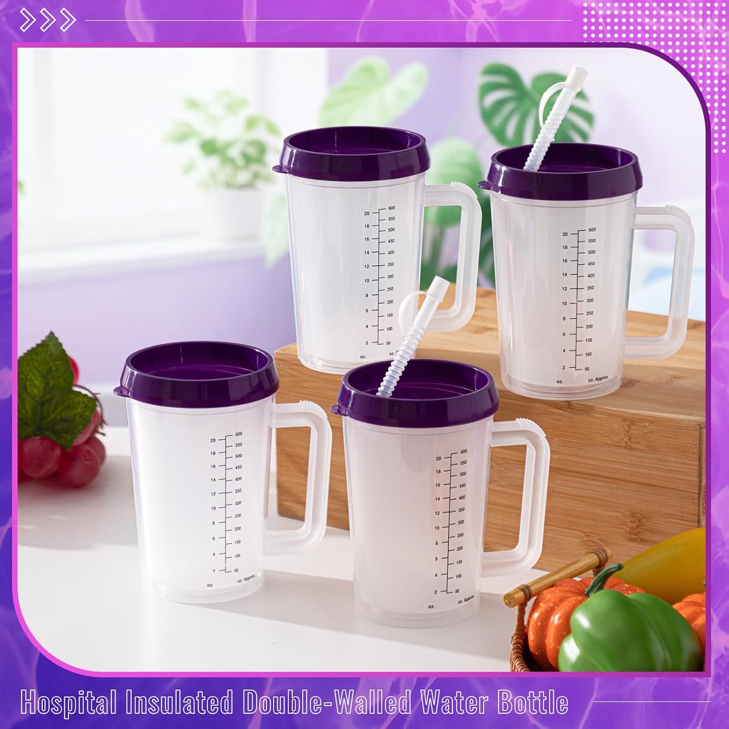 4 Pcs 20 oz Hospital Water Cup with Straw and Lid Insulated Double Walled Elderly Water Bottle Hospital Carafe Mug with Handle Graduated Plastic Drinking Sippy Cup for Adult(Purple)