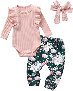 Newborn Baby Girl Outfits Clothes Set Infant Ruffle Long Sleeve Ruffle Top Floral Pants Bow Headband