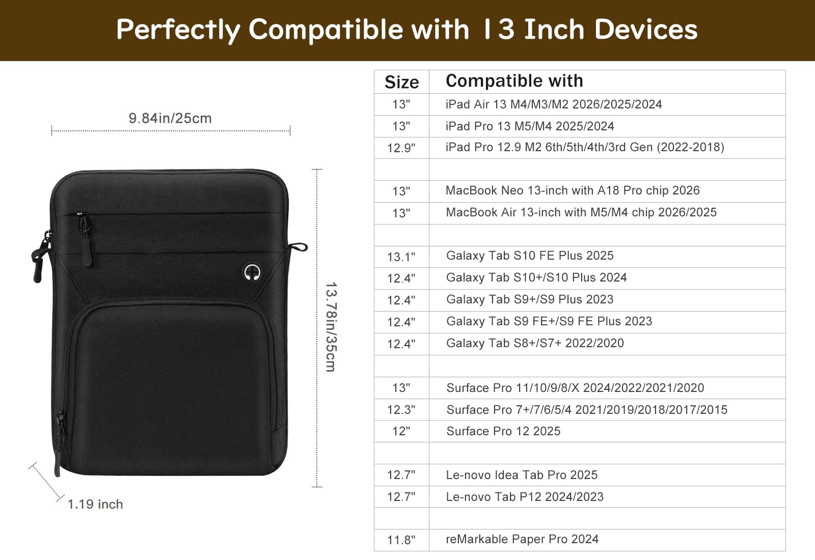 Dadanism 13 Pollici Custodia Borsa per Tablet con Tracolla per iPad Pro 13" M5/M4, iPad Air 13" M4/M3, MacBook Neo 13" 2026, MacBook Air 13" M5/M4, Galaxy Tab S10 FE Plus 13,1"/Tab S10+ 12,4", Nero