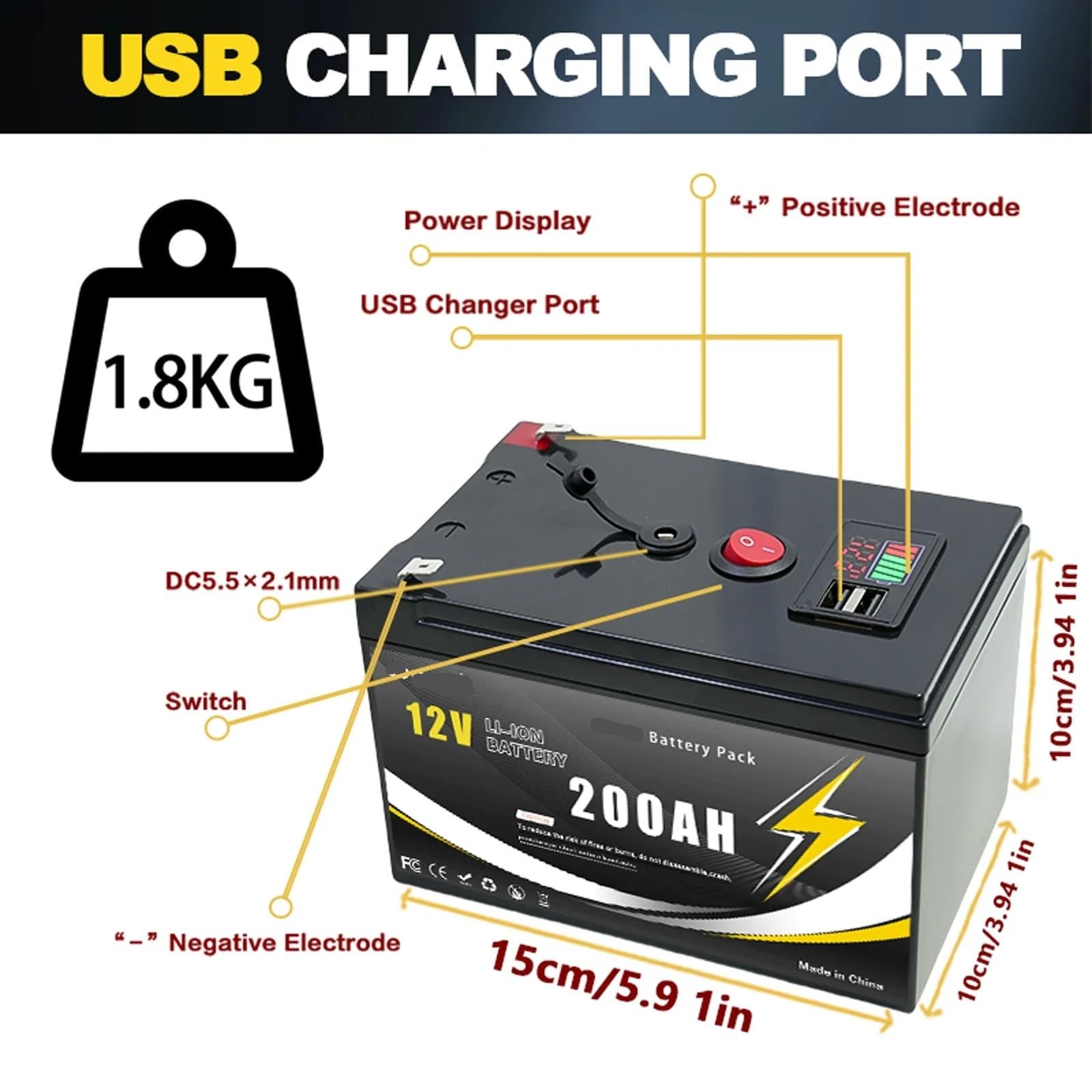 Batteria al litio ricaricabile LiFeP04 da 12 V 200 Ah, ciclo profondo(12v 200Ah-charger)