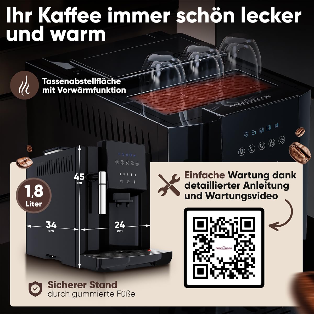 ProfiCook® Kaffeevollautomat mit Milchaufschäumdüse für Cappuccino | Kegelmahlwerk | mit Vorwärmfunktion für Tassen | italienische Profi-Pumpe | Touch-Display | Kaffeemaschine | PC KAV 1281